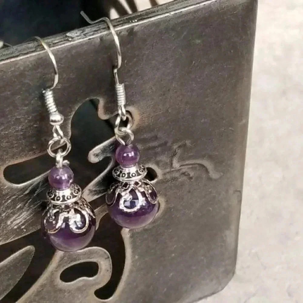 Victorian Lace Amethyst Gemstone Drop Earrings - Picture 3 of 4